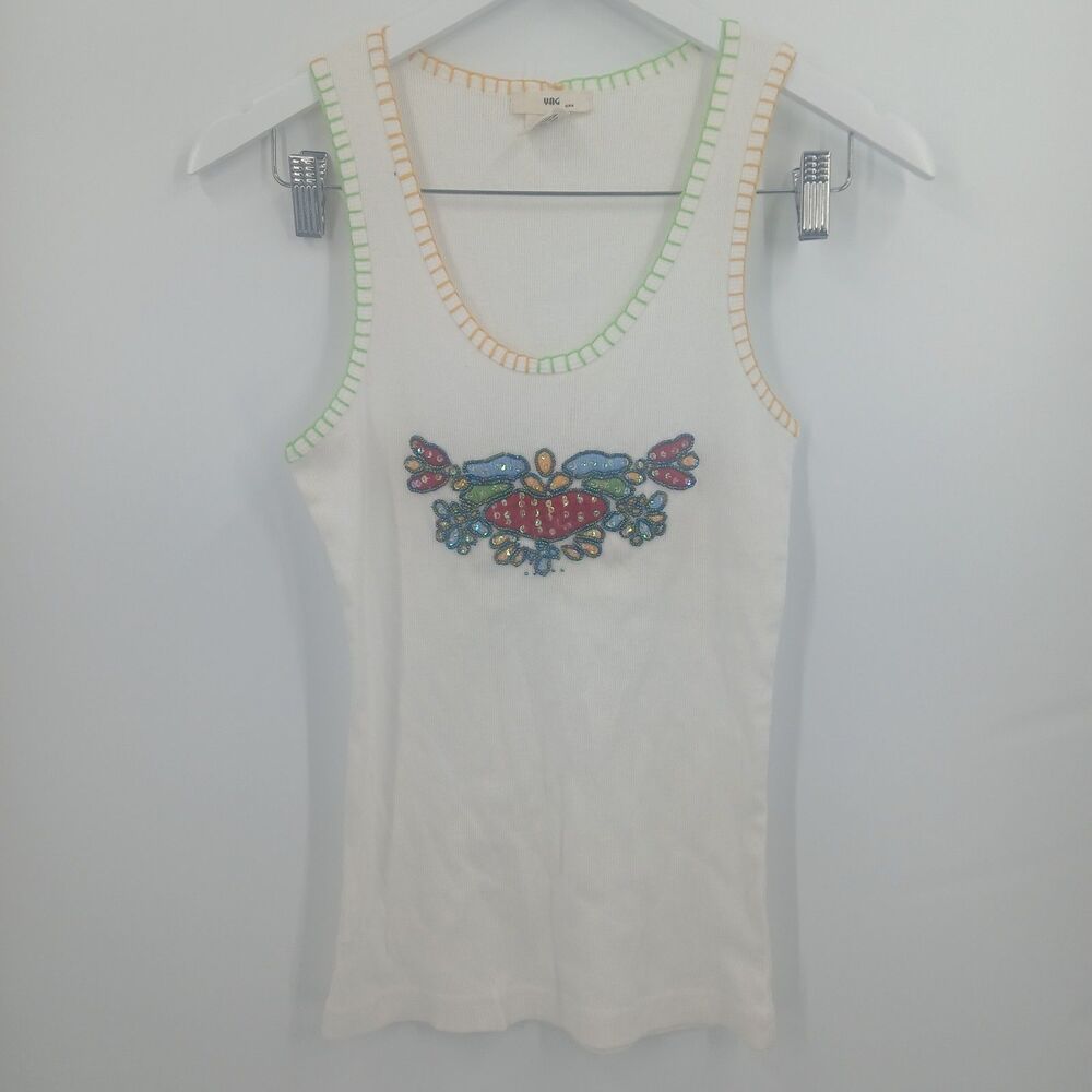 YAG Floral Embroidered Ribbed Tank Womens Large White Boho Chic